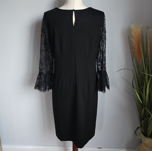Talbots, New, Black Lace Flounce Sleeve Ponte Knit A-Line Shift Dress, Size 6 - Picture 8 of 12